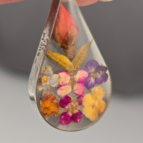 Sterling Silver Lucite Earrings 1.75" Dried Flowers Teardrop Shape ATI Mexico - Picture 4 of 10